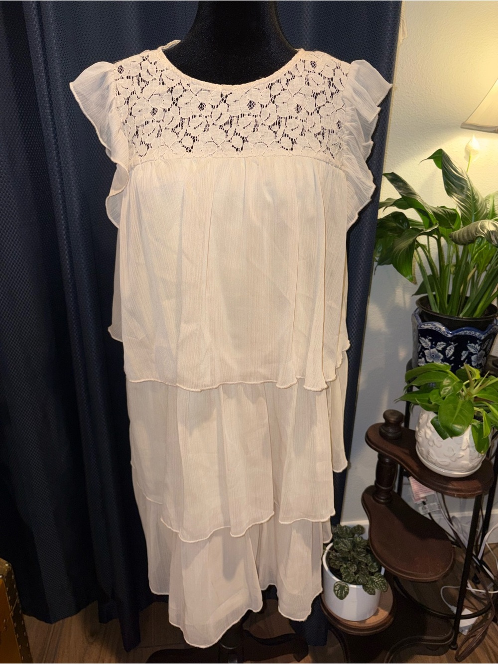 Cream Lace-Tiered Flutter Sleeve Mini Dress